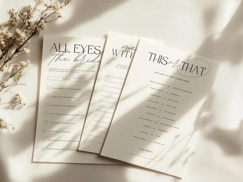 Bridal shower games, all eyes on the bride, This or that, and Memories with the Mrs. Bridal shower game