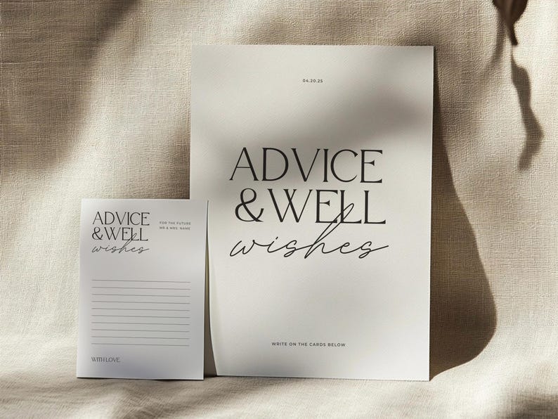 May include: Two white cards with black text. The larger card says "Advice & Well Wishes" and "Write on the cards below". The smaller card says "Advice & Well Wishes" and "With Love".