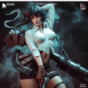 Può includere: Statuetta dettagliata di una donna con camicia bianca e gonna a quadri nera, che tiene in mano una pistola. Ha i capelli corti e neri e posa con una grande arma. L'immagine include il testo "HIGH-QUALITY PRE-SUPPORTS" e "PATREON.COM/BHIKANCER".