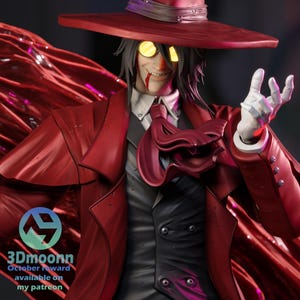 Op de afbeelding: Gedetailleerd beeldje van een personage met een rode hoed met brede rand en een lange rode jas. De figuur heeft grijs haar, geel getinte glazen en een sinistere glimlach. De tekst "3Dmoonn October reward available on my patreon" is zichtbaar.