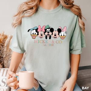May include: A light blue t-shirt with a graphic of Mickey Mouse, Minnie Mouse, Donald Duck, Goofy, and Pluto. The graphic is in a retro style with pastel colors. The text "MICKEY & CO Est 1928" is below the graphic.