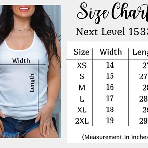 The image is a size chart for a white tank top, showing the widths and corresponding measurements for different sizes.