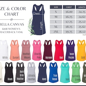 The image is a size and color chart for a women's racerback tank, featuring a variety of tank tops in different colors and sizes.