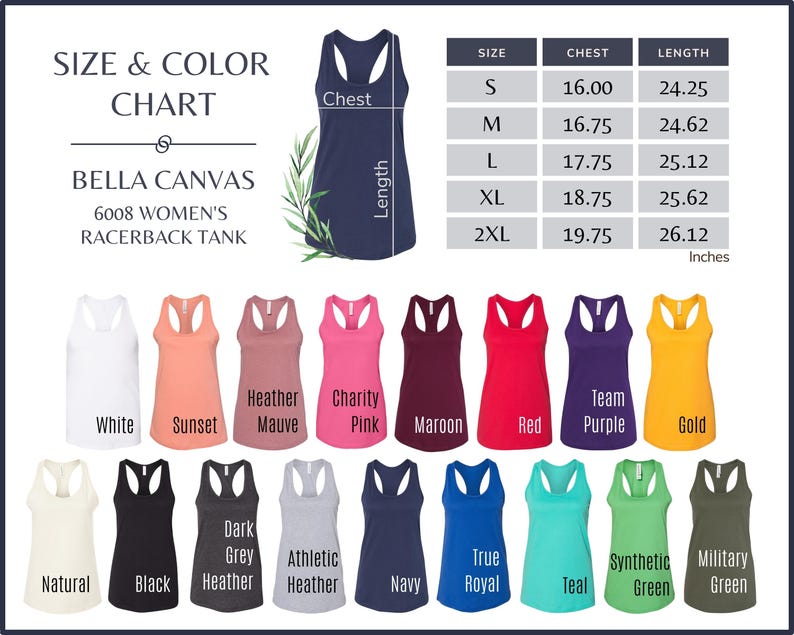 The image is a size and color chart for a women's racerback tank, featuring a variety of tank tops in different colors and sizes.