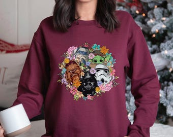 Disney Floral Star Wars Sweatshirt, Mandalorian Sweatshirt, Grogu Hoodie, Galaxy's Edge Sweatshirt, Darth Vader, Chewbacca Crewneck 182693
