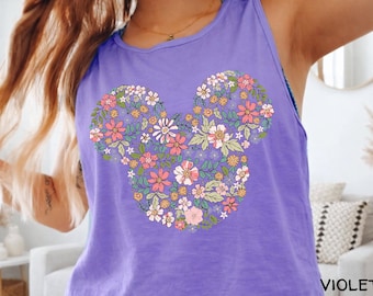 Disney Floral Mickey Head Tank Top, Mickey Mouse Disney Tank, Floral Disney Tank, Disney Family Vacation Tank 181187