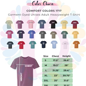 K&ouml;nnte beinhalten: Farbkarte f&uuml;r Unisex-Heavyweight-T-Shirts f&uuml;r Erwachsene in verschiedenen Farben. Die Karte zeigt die Farbnamen und eine Gr&ouml;&szlig;entabelle mit Brust- und H&ouml;henma&szlig;en in Zoll. Die Gr&ouml;&szlig;entabelle reicht von S bis 3XL.
