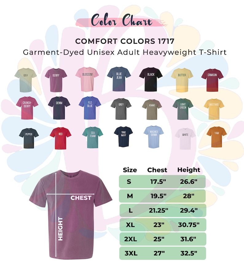 K&ouml;nnte beinhalten: Farbkarte f&uuml;r Unisex-Heavyweight-T-Shirts f&uuml;r Erwachsene in verschiedenen Farben. Die Karte zeigt die Farbnamen und eine Gr&ouml;&szlig;entabelle mit Brust- und H&ouml;henma&szlig;en in Zoll. Die Gr&ouml;&szlig;entabelle reicht von S bis 3XL.
