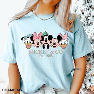 May include: Light blue t-shirt with a graphic of Mickey Mouse and friends. The text "MICKEY & CO Est. 1928" is printed below the graphic.