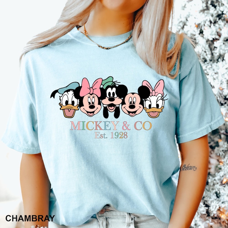 May include: Light blue t-shirt with a graphic of Mickey Mouse and friends. The text "MICKEY & CO Est. 1928" is printed below the graphic.