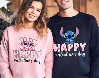Stitch And Angel Valentine Sweatshirt, Disney Valentines Day, Disney Couple Crewneck, Disney Love Sweatshirt, Disney Valentine Hoodie 180698