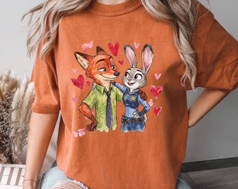 Watercolor Judy Hopps Nick Wilde Heart Shirt, Comfort Colors, Valentine Zootopia Shirt, Hearts Zootopia Tee, Disney Love Shirt 184494