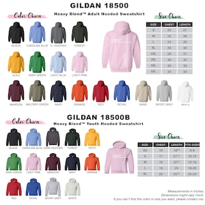 May include: A product image showcasing Gildan 18500 and 18500B Heavy Blend hooded sweatshirts in various colors. The image includes a color chart and size charts with measurements in inches. The adult sizes range from S to 5XL, and youth sizes range from XS to XL.