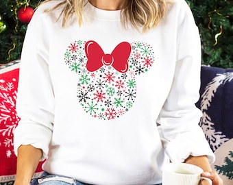 Sudadera navideña de Disney Mickey y Minnie con copos de nieve, sudadera con capucha de fiesta navideña de Mickey, cuello redondo a juego para toda la familia 183754
