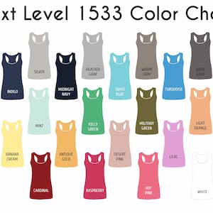 The image is a color chart featuring various colored tank tops, each with a different color name.