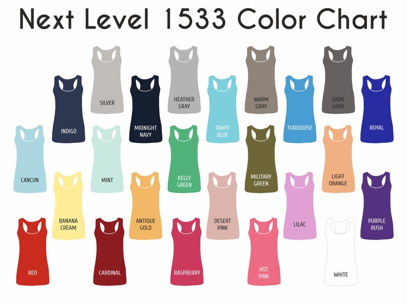 The image is a color chart featuring various colored tank tops, each with a different color name.