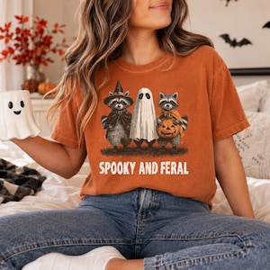 Comfort Colors Spooky and Feral Raccoon Shirt, Funny Halloween Raccoon Shirt, Cute Trendy Womens Halloween Shirt, Vintage Fall Shirt 183656