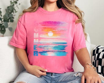 Camiseta con vibraciones veraniegas y atardecer, colores cómodos, pintura al óleo de playa tropical, vacaciones brillantes, puesta de sol en el océano 183299