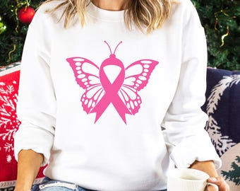 Cancer Warrior Butterfly Sweatshirt, Cancer Sweatshirt , Breast Cancer Butterfly Hoodie, Cancer Ribbon Sweatshirt, October Crewneck 183520