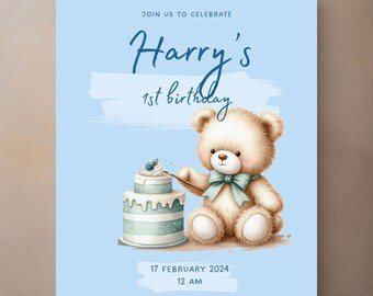 Blue teddy bear birthday invitation First birthday Boy birthday