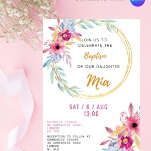 Baptism invitation Boy Girl christening Pink flower invitation