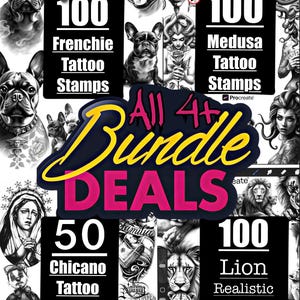 Tattoo Stempel Set: Medusa, Lion, Frenchie, Chicano 340+ Designs Digital Download
