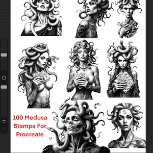 Könnte beinhalten: Ein Set mit 100 digitalen Stempeln, die Medusa zeigen, eine mythische griechische Figur mit Schlangenhaaren. Die Stempel sind in Schwarzweiß gehalten und für die Verwendung in der Procreate-App konzipiert.