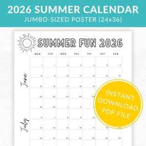 Puede incluir: Un póster de calendario de verano 2026 blanco con un sol y el texto "SUMMER FUN 2026". El calendario es de tamaño grande, midiendo 61x91 cm. Incluye el texto "INSTANT DOWNLOAD PDF FILE".