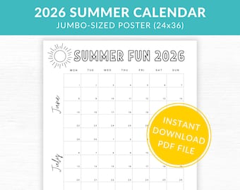 Giant Printable Summer Calendar 2026 | Family Schedule Poster (Digital Download)