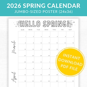Hello Spring Giant Printable Wall Calendar 2026 (PDF Download) 24x36 size
