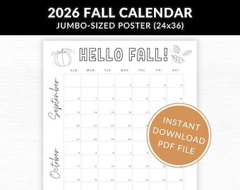 Hello Fall Giant Printable Wall Calendar 2026 (PDF Download) 24x36 size