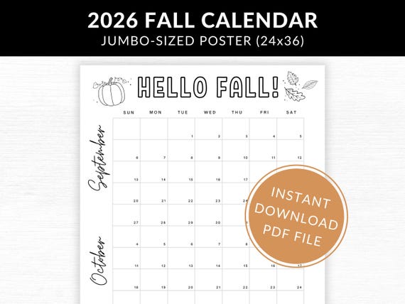Hello Fall Giant Printable Wall Calendar 2026 (PDF Download) 24x36 size