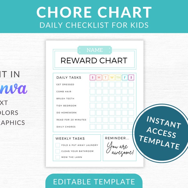 Kids Chore Chart, Editable Canva Template, Instant Download, Printable Editable Daily & Weekly Kids Responsibility Chart, Kids Routine Chart