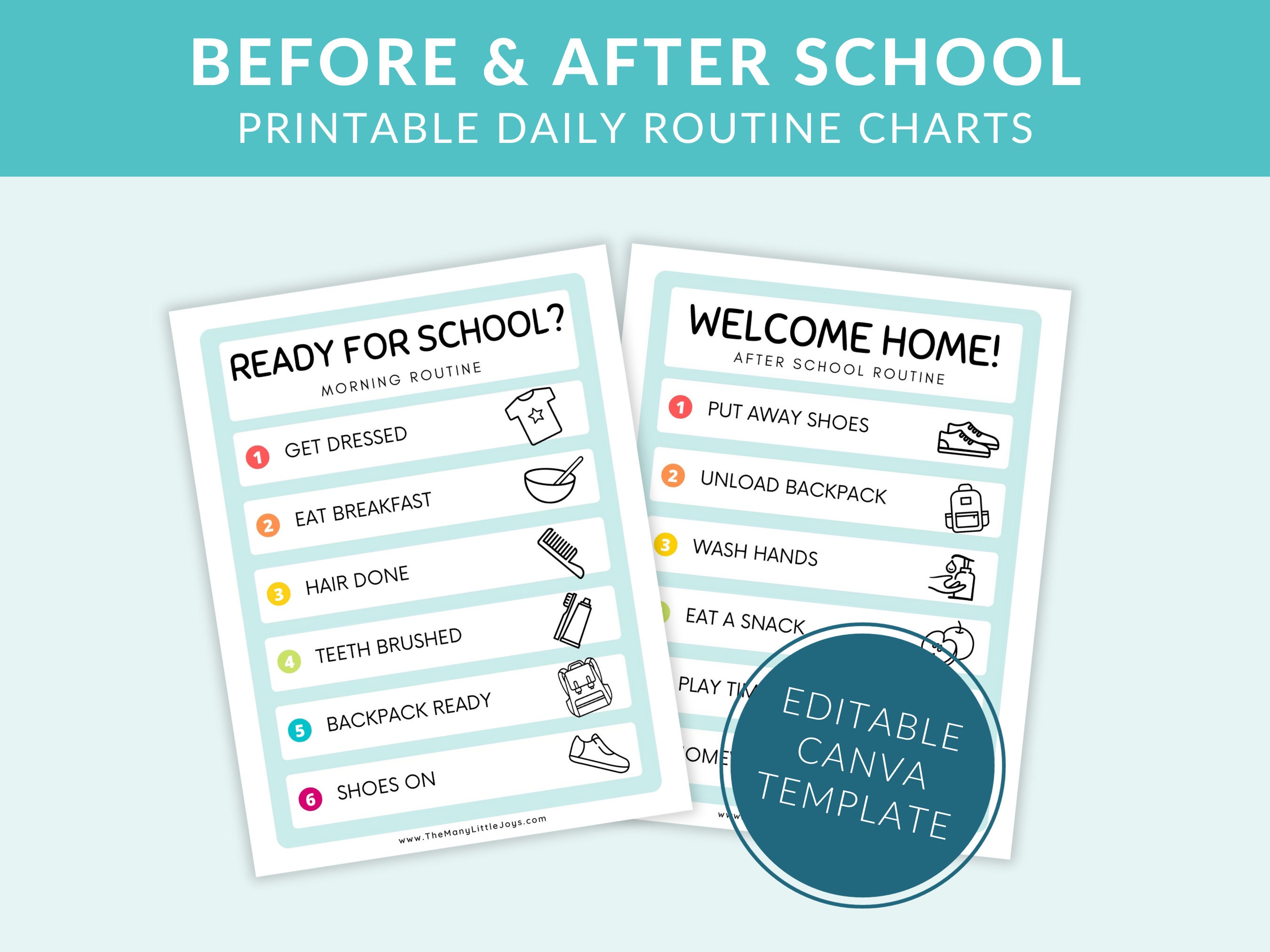Before and After School Daily Routine Charts for Kids - Editable Canva Templates