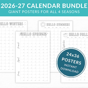 May include: A set of four white posters, each measuring 61x91 cm, with calendar layouts for 2026-27. The posters display seasonal greetings: "Hello Winter!", "Hello Summer!", "Hello Spring!", and "Hello Fall!".