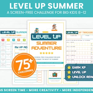 Può includere: Un insieme di fogli di attività stampabili intitolati "Level Up Summer Adventure" con il testo "75+ Challenges". I fogli sono progettati per bambini dagli 8 ai 12 anni e promuovono attività senza schermo. Il design include grafiche colorate e le frasi "Earn XP", "Level Up" e "Unlock Rewards".