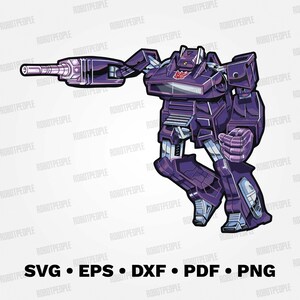 May include: A purple robot character illustration with a gun arm and a fist. The robot has a boxy head and a red emblem on its chest. The image includes the text "SVG • EPS • DXF • PDF • PNG" at the bottom.