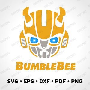 May include: A digital graphic of the Bumblebee robot's face in yellow, grey, and blue. The word "BUMBLEBEE" is below the image in yellow. Below the text are the file formats: SVG, EPS, DXF, PDF, and PNG.