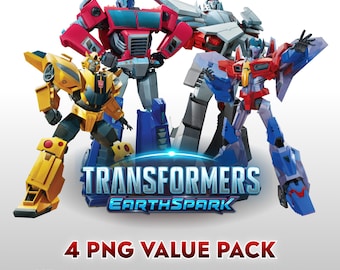 Può includere: Un'illustrazione digitale con quattro personaggi di Transformers dai colori vivaci. L'immagine include il testo "TRANSFORMERS EARTHSPARK" e "4 PNG VALUE PACK". I personaggi sono in pose dinamiche, con sfondo trasparente.