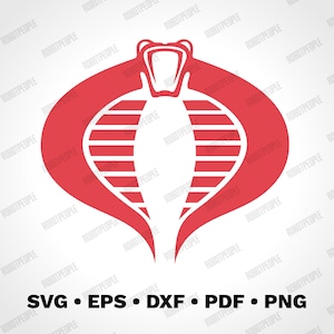 Könnte beinhalten: Rotes Cobra-Logo vor weißem Hintergrund. Das Logo zeigt einen stilisierten Kobrakopf mit gespaltener Zunge und horizontalen Linien im Körper. Darunter die Dateityp-Abkürzungen: SVG, EPS, DXF, PDF und PNG.