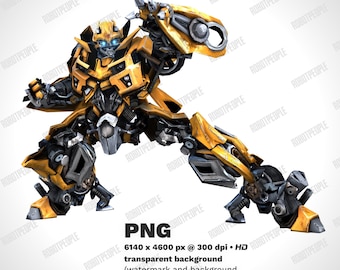 May include: A detailed digital rendering of a yellow and black robot in a dynamic pose. The robot has intricate mechanical details, blue eyes, and is set against a white background. The image is labeled "PNG" with resolution details.