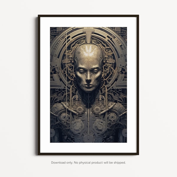 HR Giger Art | Black Gold Duotone, human and tech, ai robot, ai creation, ai-mazing, painting ai, fine art female form, instant download