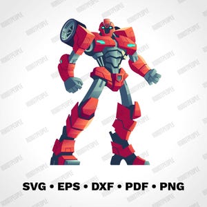 Puede incluir: Ilustración de un robot rojo y gris con una rueda en el hombro izquierdo. El robot tiene un diseño futurista con formas angulares y acentos azules brillantes. La imagen incluye el texto "SVG • EPS • DXF • PDF • PNG".