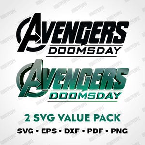 Peut inclure: Deux logos "Avengers Doomsday" en noir et vert. Le logo supérieur est noir, le bas est vert avec un effet de dégradé. En dessous, le texte indique "2 SVG VALUE PACK" avec des icônes de format de fichier : SVG, EPS, DXF, PDF et PNG.