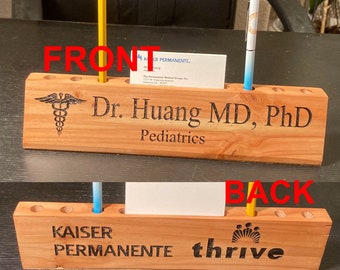 Personalized Wood Desk Name Plate | Engraved Pen & Business Card Holder