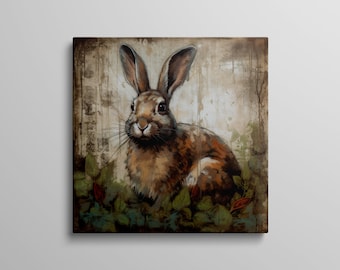 Cute Baby Rabbit Painting, Bunny Canvas Wall Art, Vintage Country Farm Picture, Rustic Farmhouse Decor, Cottage Farm Animal Poster Print