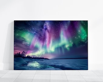 Northern Lights Aurora Borealis Photography, Snowy Alaska Landscape Nature Colorful Night Sky, Starry Artwork, Celestial Icelandic Print