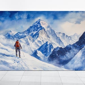Mount Everest Painting, Snowy Summit Adventure Wall Art, Climber Watercolor Alpine Expedition Trekking Landscape Print, Himalayan Mountains