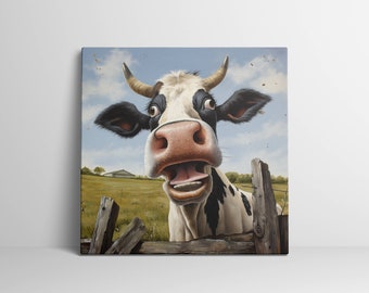 Funny Cow Art Print, Funny Cow Canvas Picture, Rustic Farmhouse Country Animal Painting, Cow Poster, Cow Wall Decor Funny Farm Animal Art