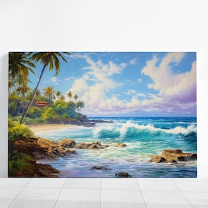 Hawaii Beach Ocean Painting, Hawaii Watercolor Painting Kauai Maui Honolulu, Beach Wall Art Seascapes Hawaii Landscape Tropical Print Canvas